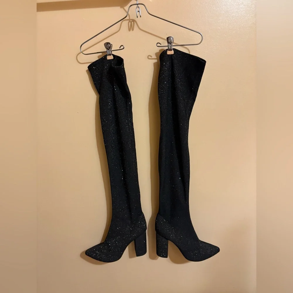 Raye x Revolve Farley Over the Knee Black Sparkly Boots
